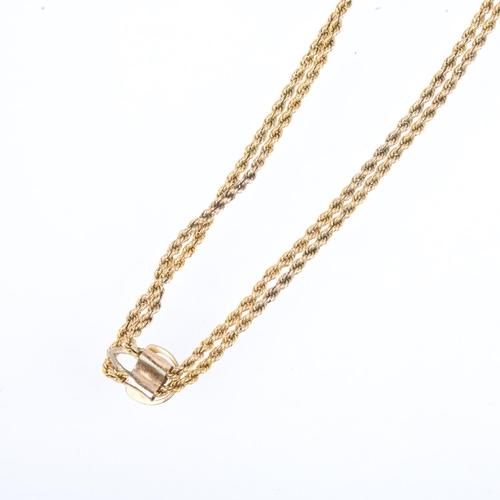 1208 - An Antique 15ct gold rope twist long guard chain necklace, with gilt-metal slider fob, 140cm, 21.6g ... 