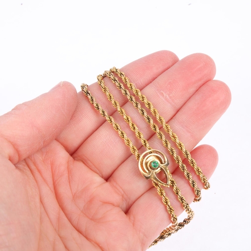 1208 - An Antique 15ct gold rope twist long guard chain necklace, with gilt-metal slider fob, 140cm, 21.6g ... 