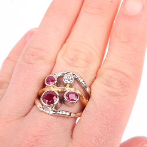 1210 - A large 18ct two-colour gold ruby and diamond openwork ring, maker H&T Ltd, setting height 20.5mm, s... 