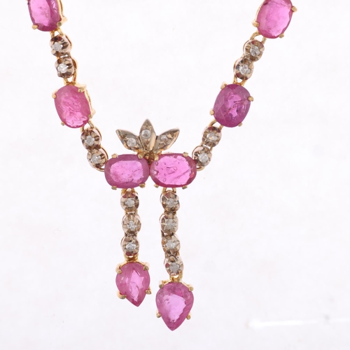 1211 - A ruby and diamond negligee drop necklace, in the Edwardian style, set with oval and pear-cut rubies... 