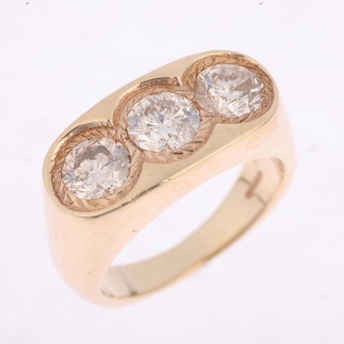 1213 - A large 9ct gold three stone diamond gypsy ring, set with modern round brilliant-cut diamonds, each ... 