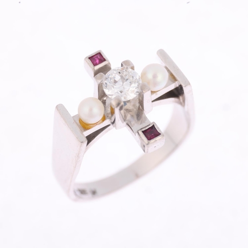 1215 - A Danish modernist 14ct white gold ruby cultured pearl and diamond dress ring, by Jorgen Larsen, set... 