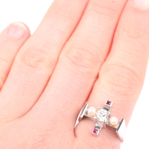 1215 - A Danish modernist 14ct white gold ruby cultured pearl and diamond dress ring, by Jorgen Larsen, set... 