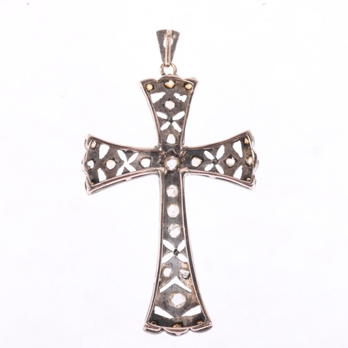 1218 - An Antique diamond cross pendant, set with rose-cut diamonds, apparently unmarked silver and gold se... 