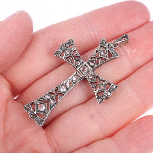 1218 - An Antique diamond cross pendant, set with rose-cut diamonds, apparently unmarked silver and gold se... 