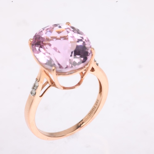 1220 - A modern 14ct rose gold kunzite and diamond dress ring, claw set with oval mixed-cut kunzite, kunzit... 