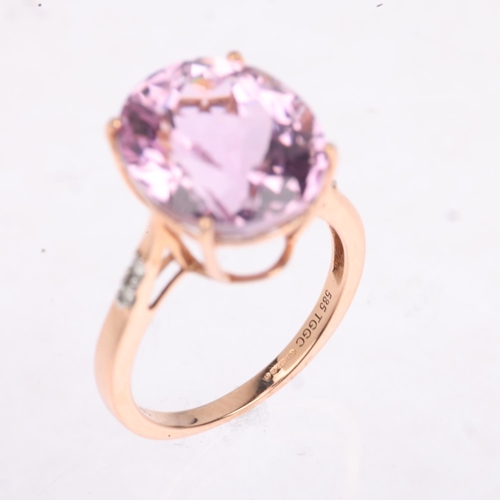 1220 - A modern 14ct rose gold kunzite and diamond dress ring, claw set with oval mixed-cut kunzite, kunzit... 