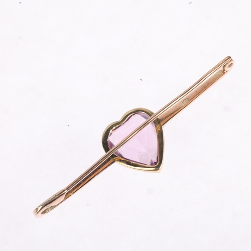 1221 - An early 20th century 9ct rose gold amethyst heart bar brooch, 60.3mm, 5.3g