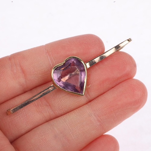 1221 - An early 20th century 9ct rose gold amethyst heart bar brooch, 60.3mm, 5.3g