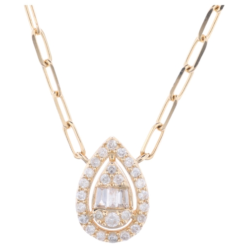 1222 - A modern 14ct gold diamond pear halo cluster pendant necklace, pave set with tapered baguette and mo... 