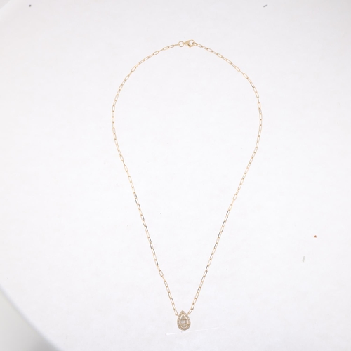 1222 - A modern 14ct gold diamond pear halo cluster pendant necklace, pave set with tapered baguette and mo... 