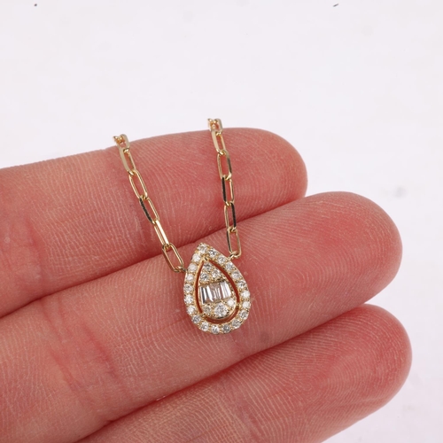 1222 - A modern 14ct gold diamond pear halo cluster pendant necklace, pave set with tapered baguette and mo... 