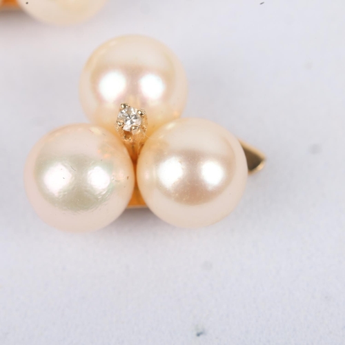 1223 - A pair of 14ct gold whole pearl and diamond clover earrings, with stud fittings, 15.2mm, 3.8g