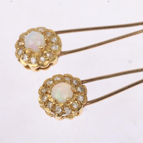 1230 - A pair of opal and diamond flowerhead cluster drop earrings, with stud fittings, apparently unmarked... 