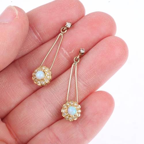 1230 - A pair of opal and diamond flowerhead cluster drop earrings, with stud fittings, apparently unmarked... 