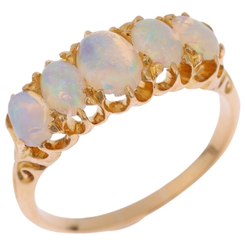 1231 - An early 20th century graduated five stone opal half hoop ring, set with oval cabochon opals, appare... 