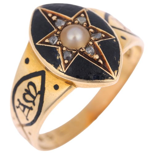 1232 - A 19th century 18ct gold split pearl diamond and black enamel 'In Memoriam' mourning ring, maker JW,... 