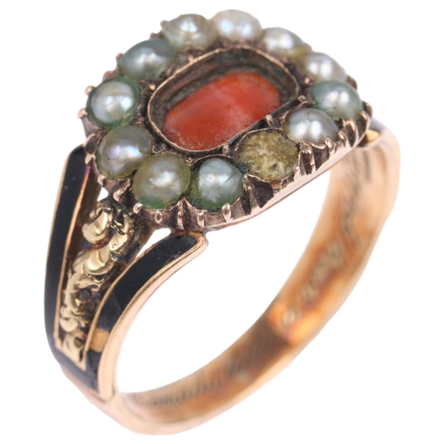 1233 - MILITARY INTEREST - a 19th century split pearl and black enamel cluster mourning ring, bearing later... 