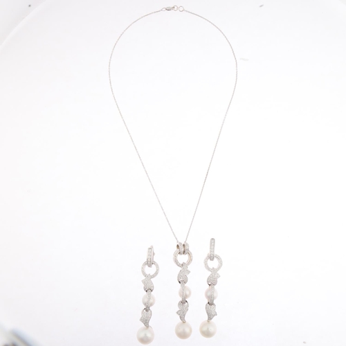 1234 - An 18ct white gold whole pearl and diamond matching pendant necklace and earring set, each piece pav... 