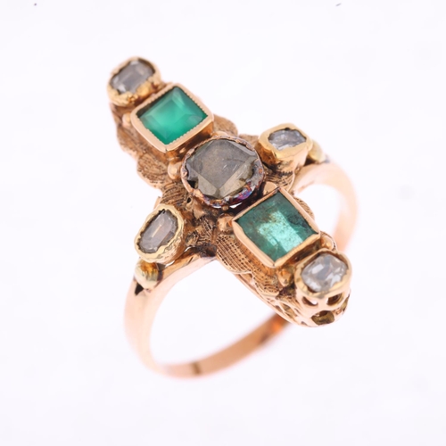 1240 - A Victorian emerald and diamond cruciform ring, circa 1840, collet set with table-cut diamonds, appa... 