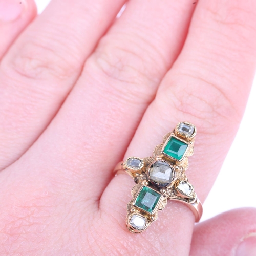 1240 - A Victorian emerald and diamond cruciform ring, circa 1840, collet set with table-cut diamonds, appa... 