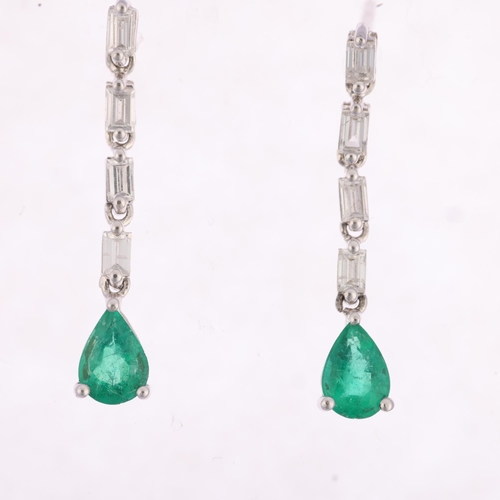 1241 - A pair of 18ct white gold emerald and diamond drop earrings, set with pear-cut emerald and baguette-... 