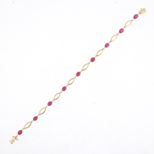 1243 - A 9ct gold ruby and diamond line bracelet, 18cm, 8.1g