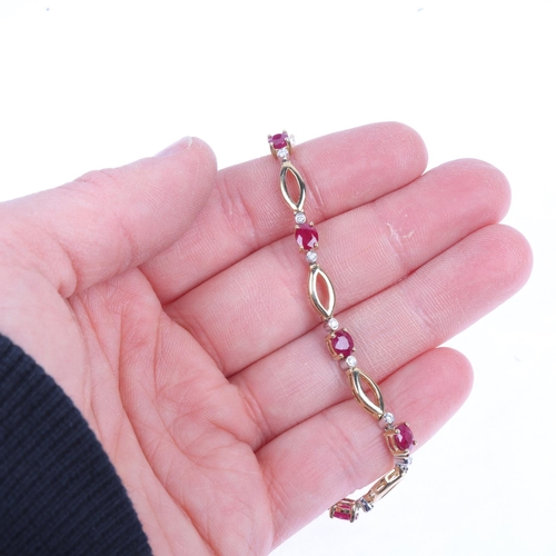 1243 - A 9ct gold ruby and diamond line bracelet, 18cm, 8.1g