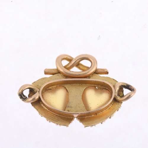 1246 - A Victorian chrysoberyl and pearl twin-heart pendant, circa 1890, each set with heart cabochon chrys... 