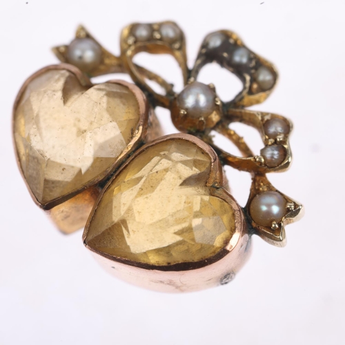 1247 - An Antique citrine and split pearl twin-heart pendant, circa 1900, each set with heart-cut citrine a... 