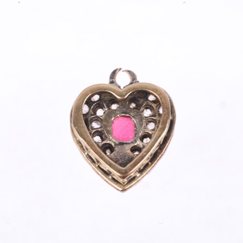 1248 - An Antique ruby and diamond heart pendant, pave set with oval mixed-cut ruby and rose-cut diamonds, ... 