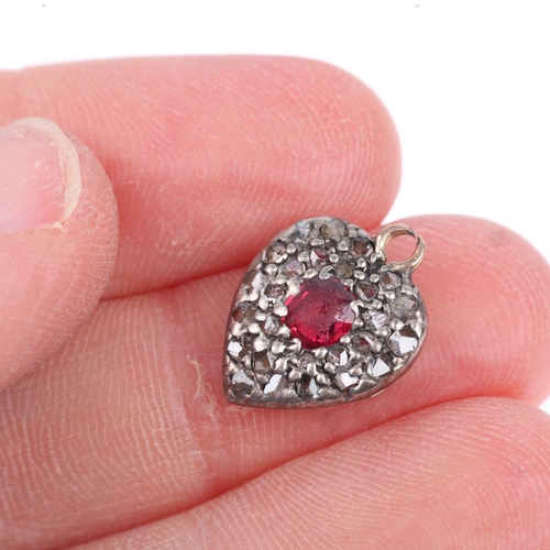 1248 - An Antique ruby and diamond heart pendant, pave set with oval mixed-cut ruby and rose-cut diamonds, ... 