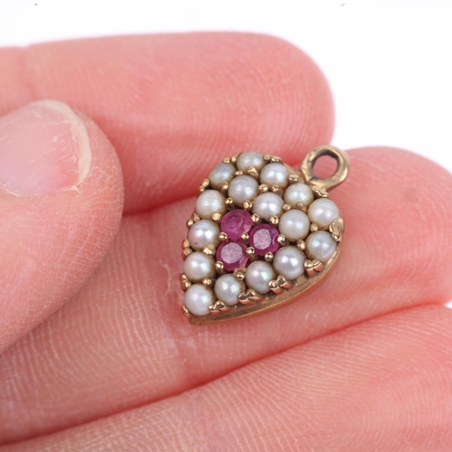 1249 - An Antique ruby and pearl heart pendant, apparently unmarked, 17.7mm, 1.9g