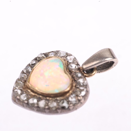 1250 - An Antique opal and diamond heart cluster pendant, set with heart cabochon opal, surrounded by rose-... 