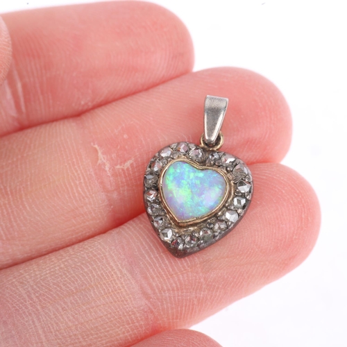 1250 - An Antique opal and diamond heart cluster pendant, set with heart cabochon opal, surrounded by rose-... 