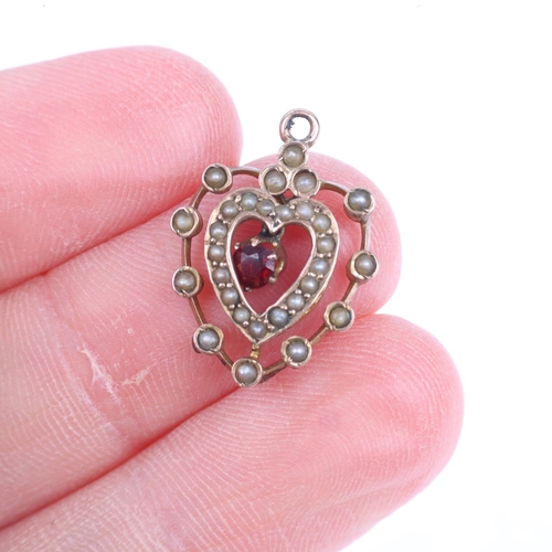 1252 - An Edwardian 9ct gold garnet and pearl heart openwork pendant, 20mm, 1.1g