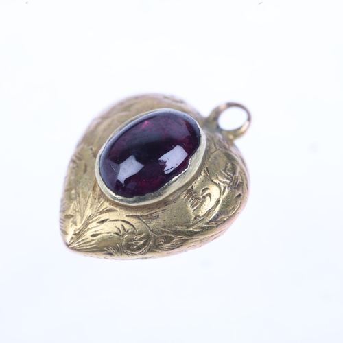 1253 - A Victorian garnet heart mourning locket pendant, rub-over set with oval cabochon garnet, with folia... 