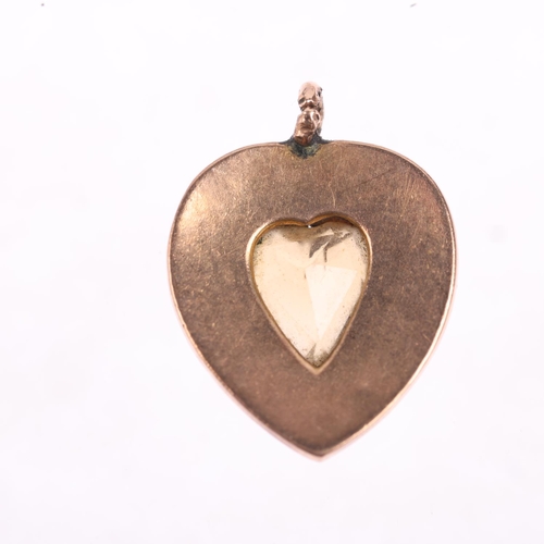 1254 - An Antique citrine and pearl heart cluster pendant/charm, apparently unmarked, 14.7mm, 0.8g