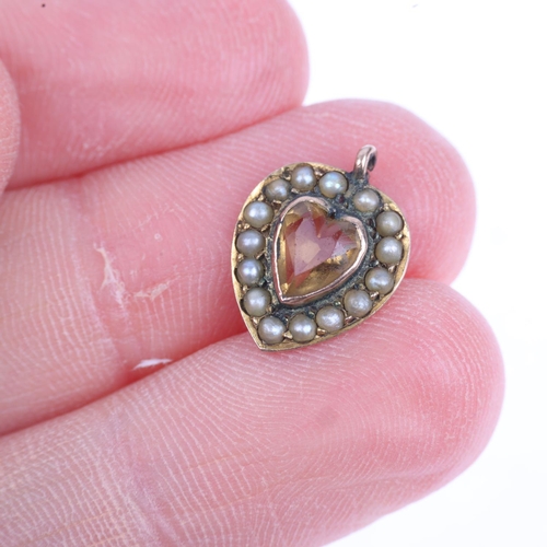 1254 - An Antique citrine and pearl heart cluster pendant/charm, apparently unmarked, 14.7mm, 0.8g