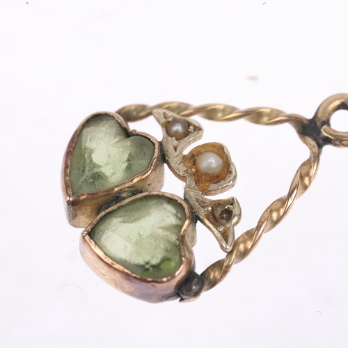 1255 - An Antique green paste and pearl twin-heart pendant/charm, apparently unmarked, 19.7mm, 1.2g