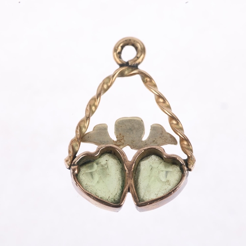 1255 - An Antique green paste and pearl twin-heart pendant/charm, apparently unmarked, 19.7mm, 1.2g