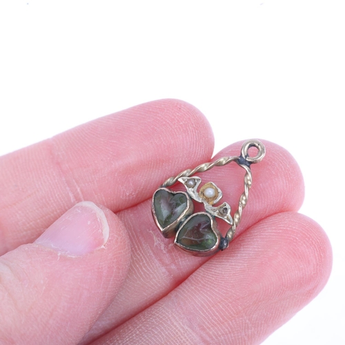 1255 - An Antique green paste and pearl twin-heart pendant/charm, apparently unmarked, 19.7mm, 1.2g