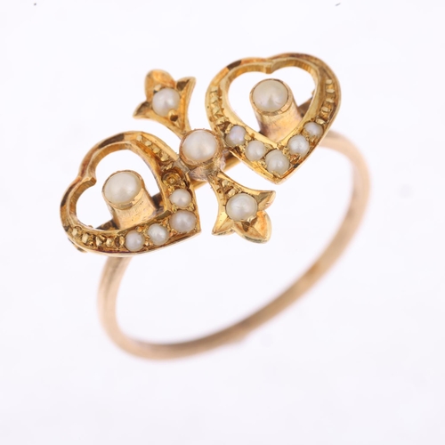 1260 - A Victorian split pearl twin-heart ring, apparently unmarked, setting height 13.6mm, size N, 1.8g