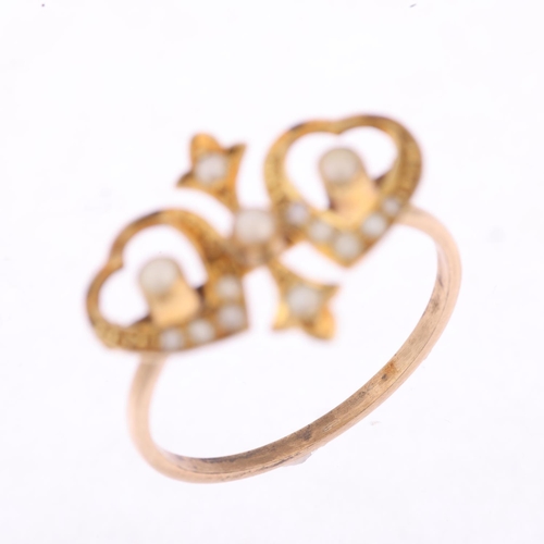 1260 - A Victorian split pearl twin-heart ring, apparently unmarked, setting height 13.6mm, size N, 1.8g