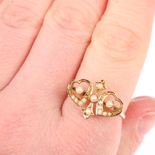 1260 - A Victorian split pearl twin-heart ring, apparently unmarked, setting height 13.6mm, size N, 1.8g