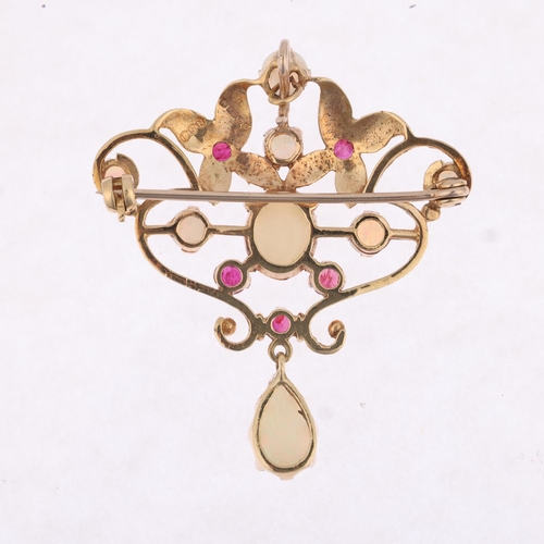 1262 - A late 20th century 9ct gold ruby and opal openwork pendant/brooch, maker PSR, London 1976, in the V... 