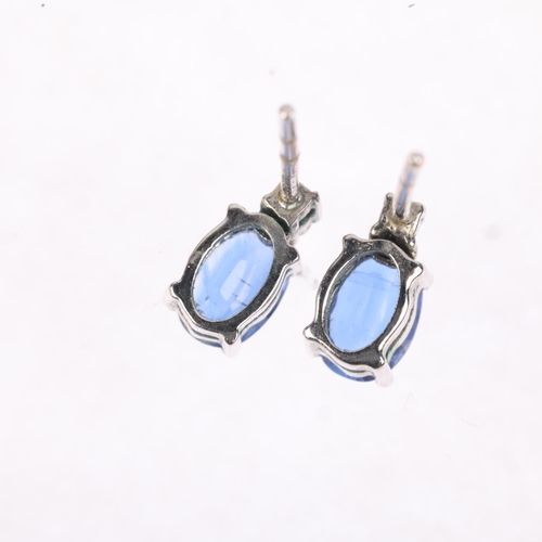 1266 - A pair of 9ct white gold sapphire and diamond earrings, set with oval mixed-cut sapphires, rose-cut ... 