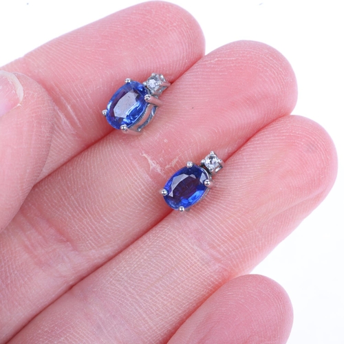 1266 - A pair of 9ct white gold sapphire and diamond earrings, set with oval mixed-cut sapphires, rose-cut ... 