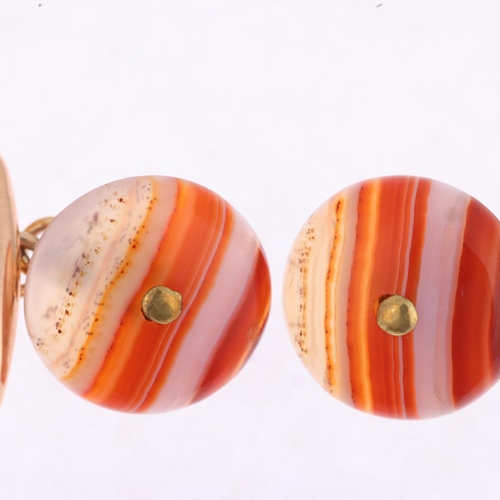 1268 - A pair of early 20th century 9ct gold banded agate panel cufflinks, indistinct maker, Birmingham 192... 