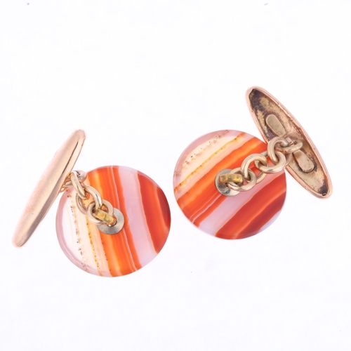 1268 - A pair of early 20th century 9ct gold banded agate panel cufflinks, indistinct maker, Birmingham 192... 